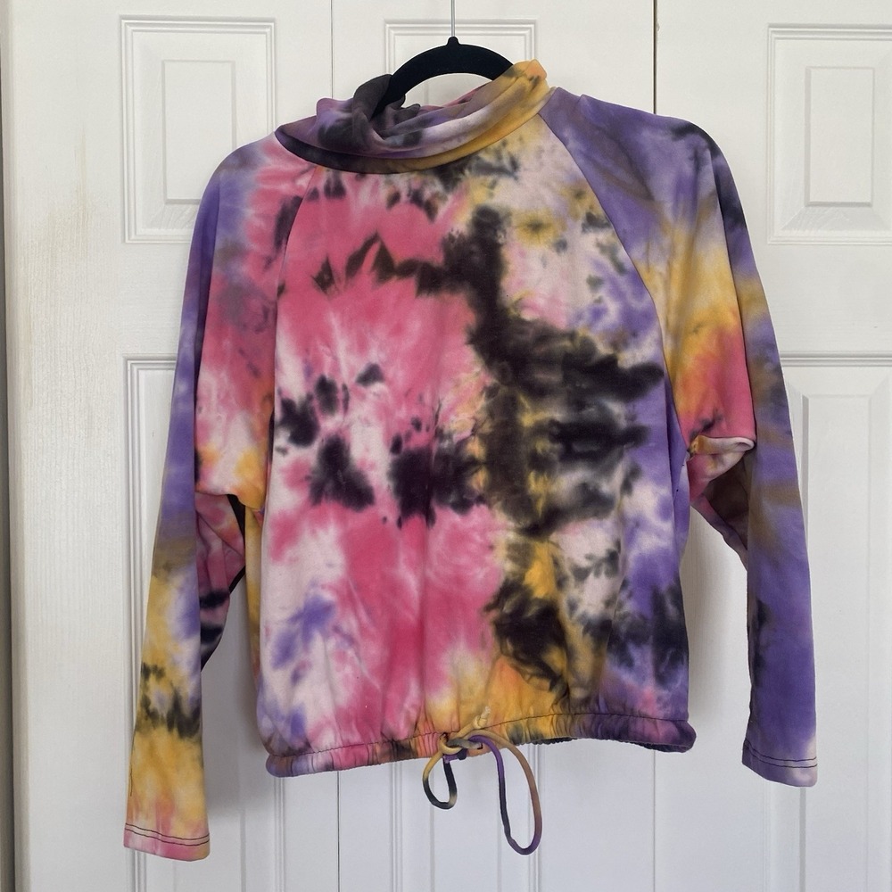 Lush Tie Dye Sweatshirt Womens Small Pink Yellow Purple Mock Neck Cropped Hem
